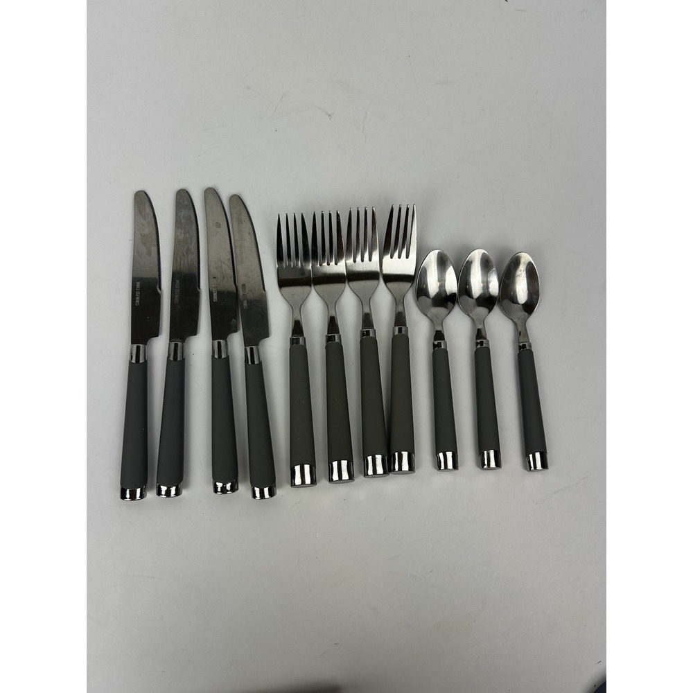Lot of 11 GRAY Handle Stainless Steel Flatware - Teaspoons Forks Knives